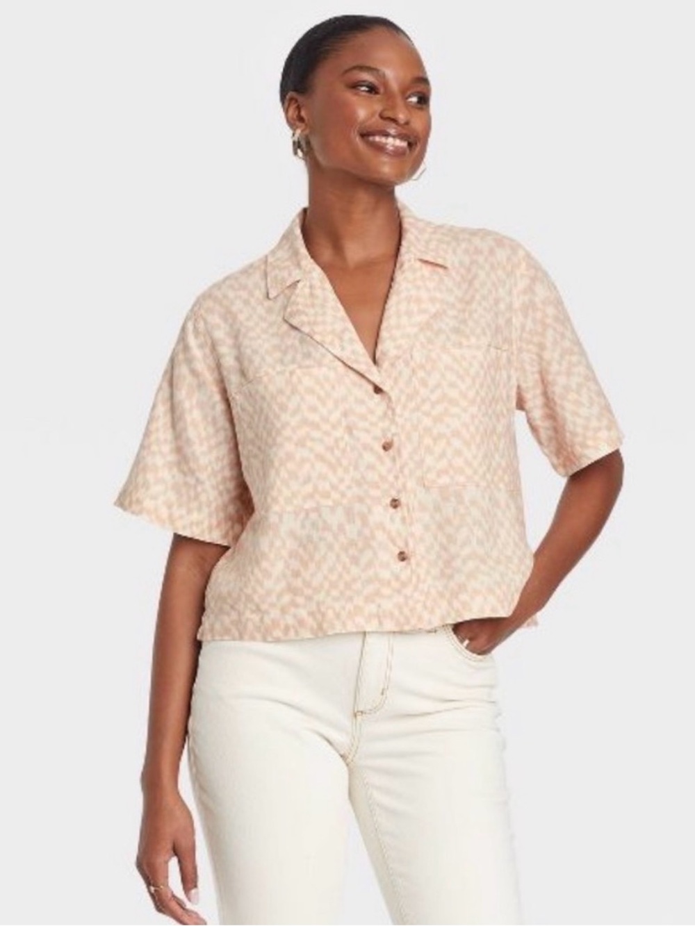 Peach Patterned Short-Sleeve Button Front Top